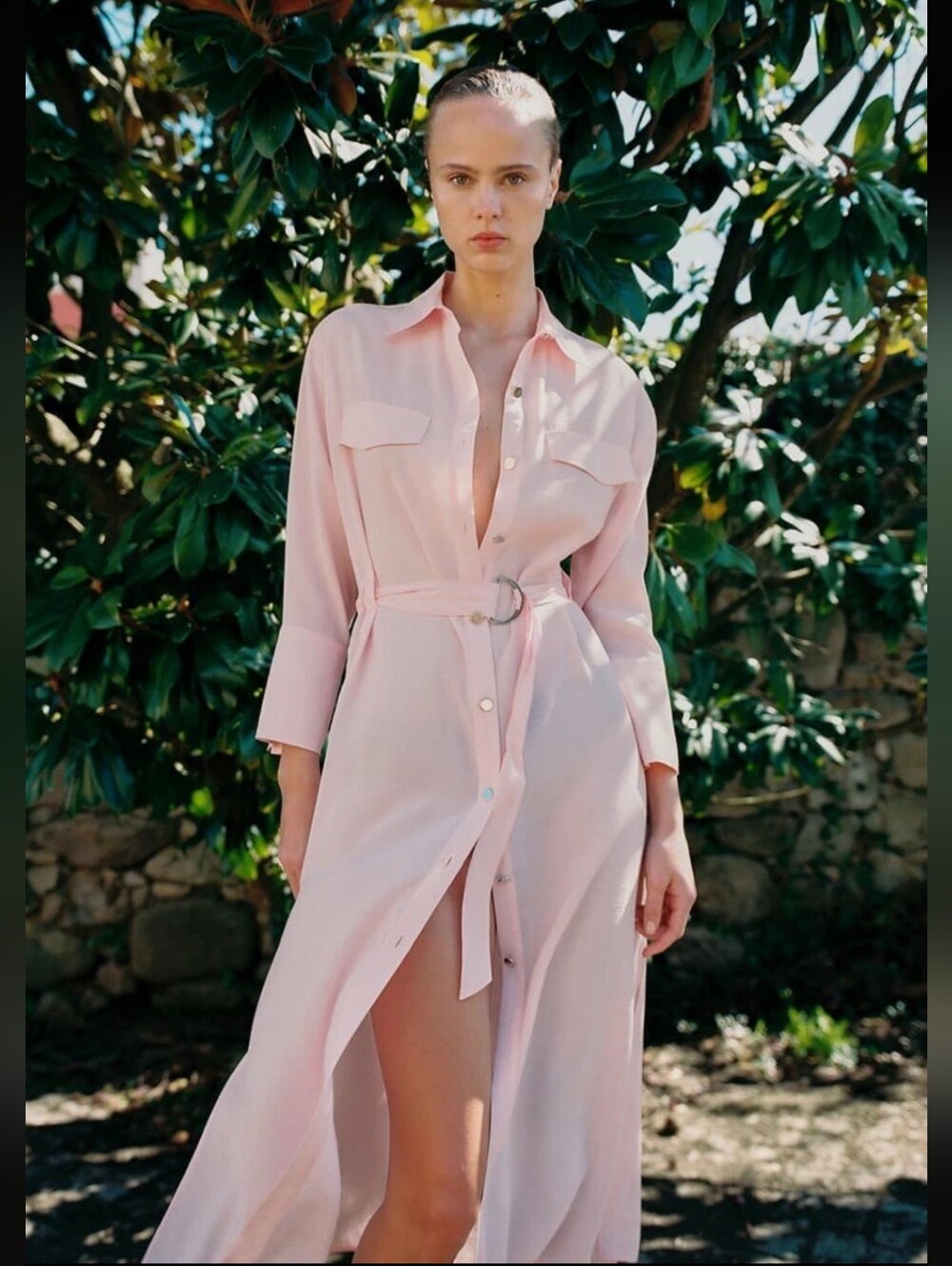 Zara Midi Shirt Belted Dress Light Pink Button Down Side Slits Long Sleeve Sz M